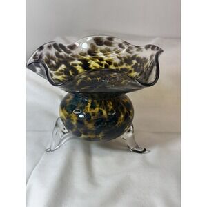 Murano Art Glass Amber, Yellow Tortoise Shell Ruffled 3 Footed Bowl Dish Signed